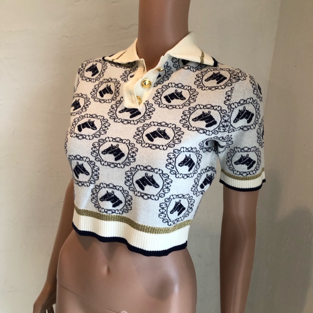 Gucci Equestrian Jacquard Polo Short Sleeves Sweater Cream/Navy Women's Size XS - Picture 5 of 16
